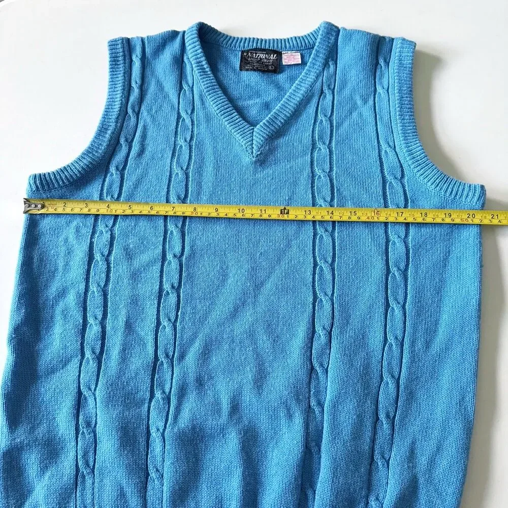 Vtg 70s 80s Preppy Grandpa Cable Knit Sweater Vest Mens Large Blue Acrylic Boho